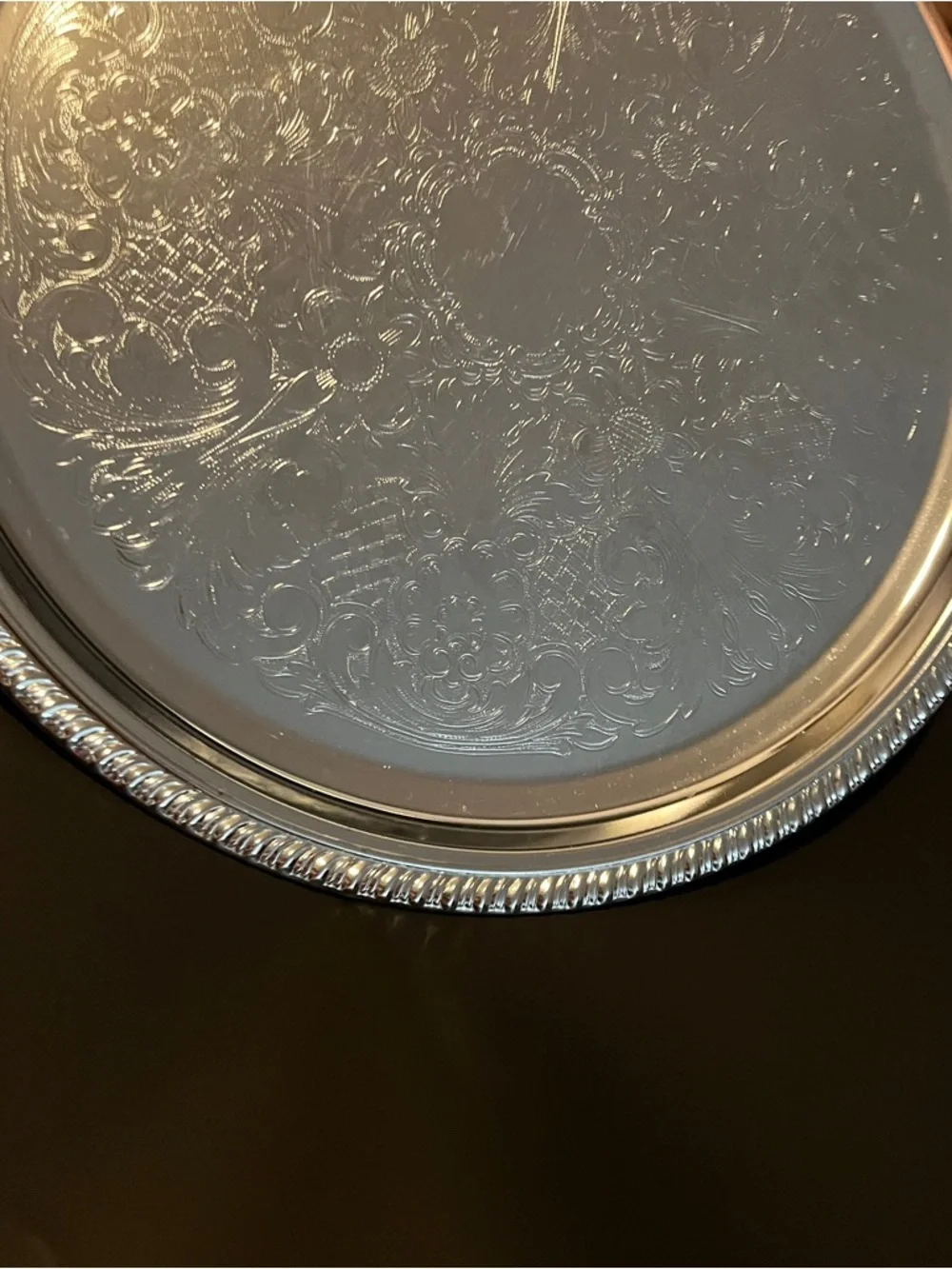 VTG Irvinware Chrome Plated 12.5 Inch Round Serving Tray Etched Design Made USA